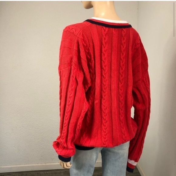 Vintage THE FOX Collection V-neck knit sweater long sleeve cotton red,white - Picture 5 of 16